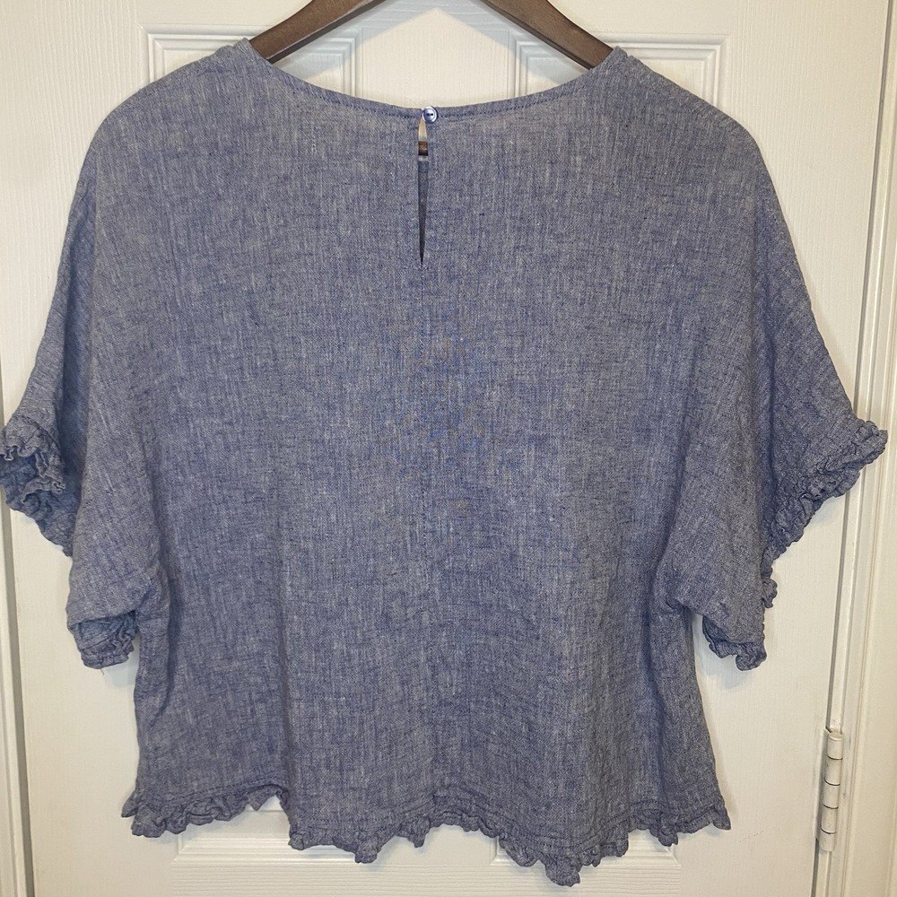 Cynthia Rowley Top Ruffles Cotton Linen Mid Sleeve Chambray Blue Women's Large - Picture 2 of 3
